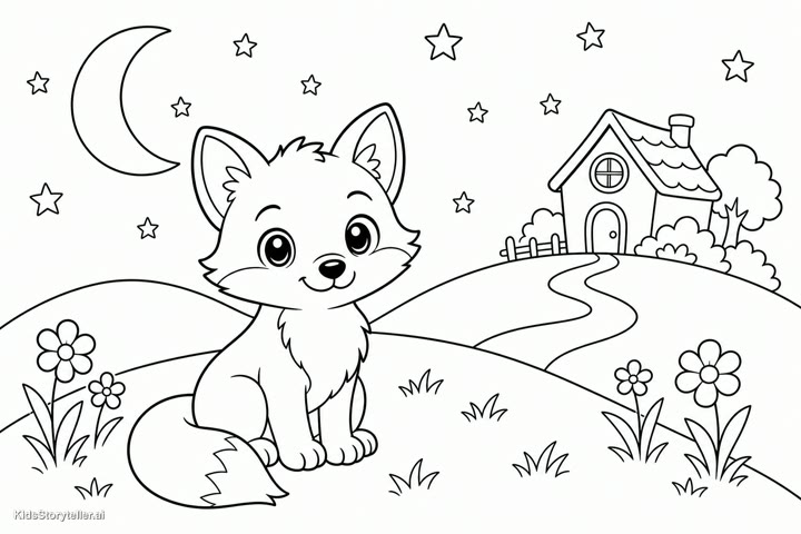 The same fox cub scene as printable black-and-white line art