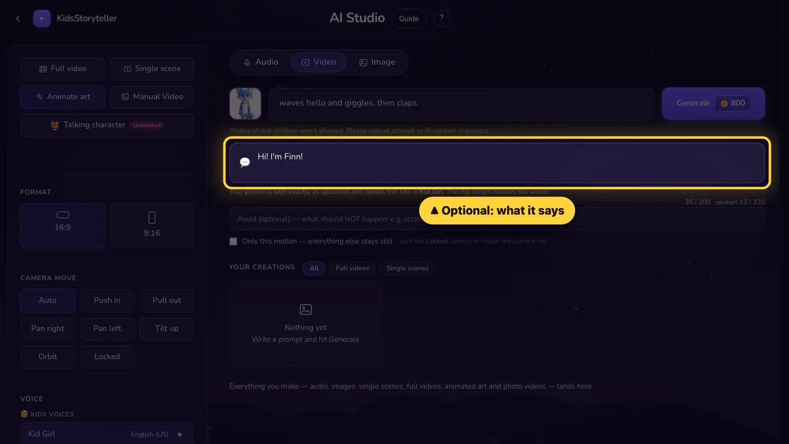 Step 4: Optional: write what it says. Leave it empty for no voice.