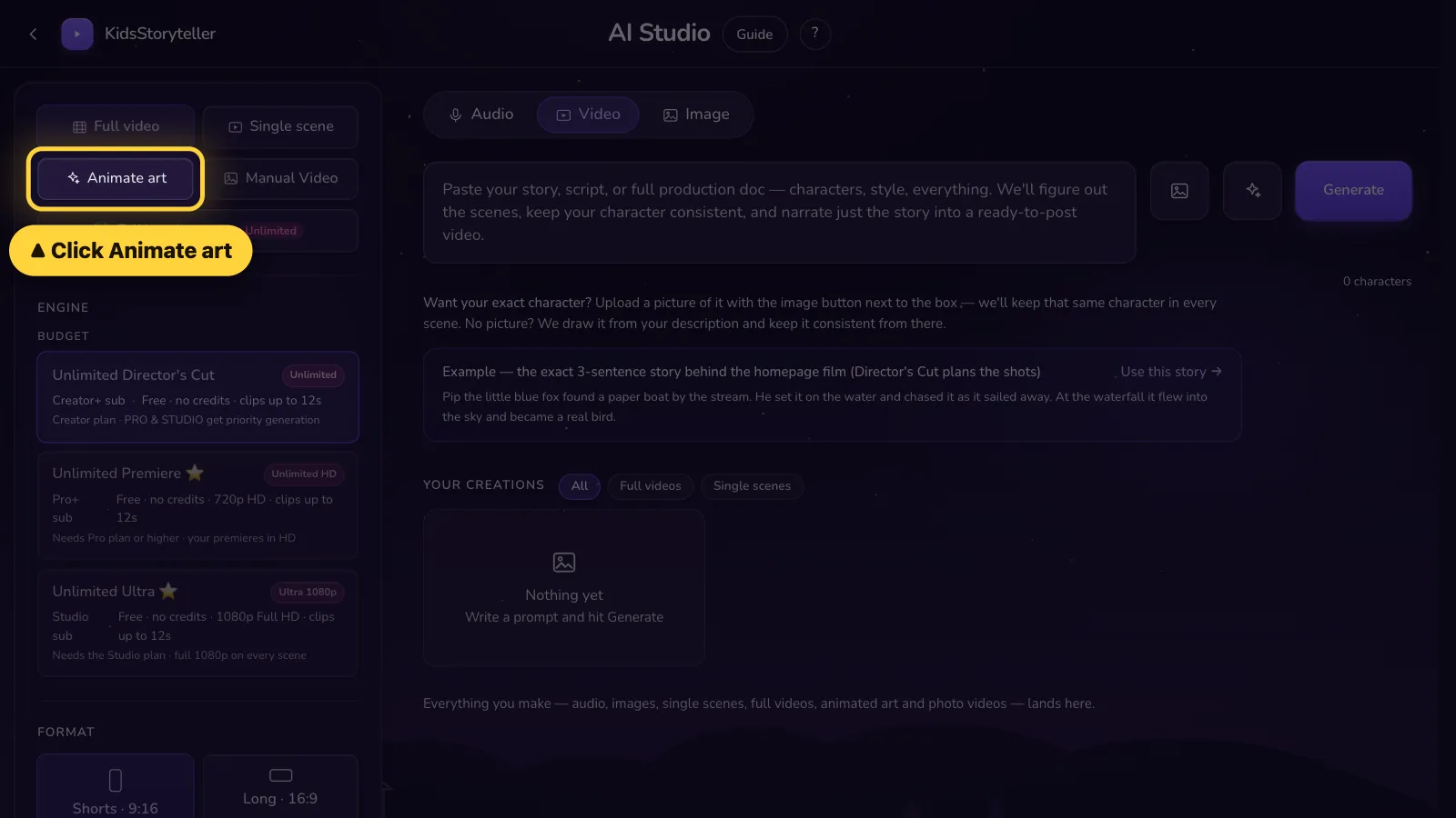 Step 1: Click Animate art on the left.
