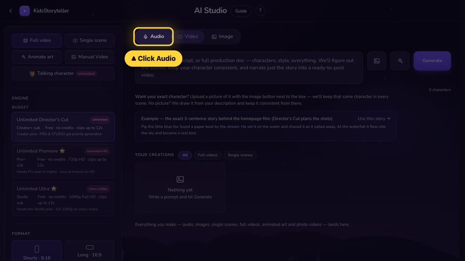 Step 1: Click Audio at the top.