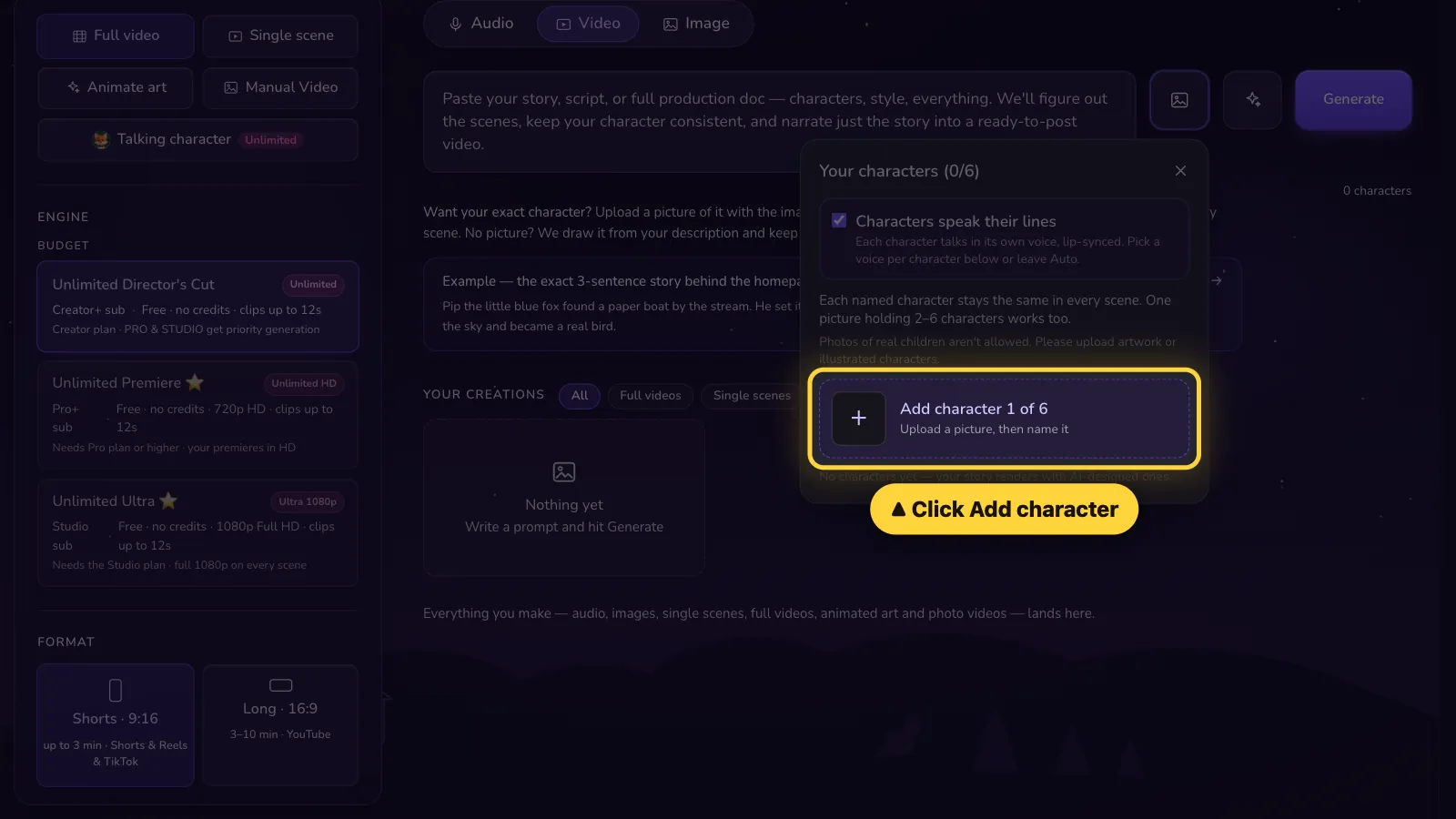 Step 2: Click Add character. Pick the picture of your character.
