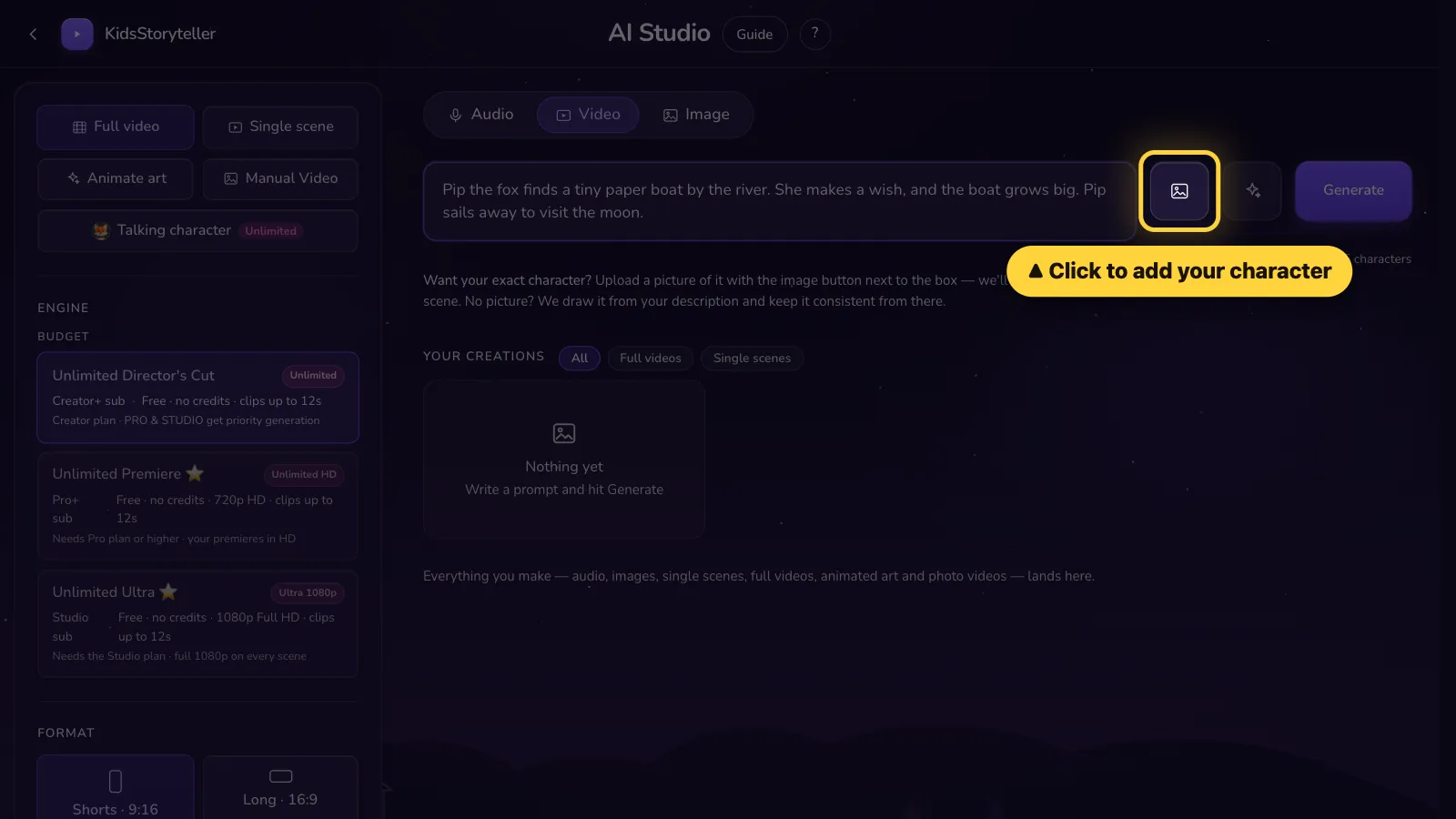 Step 3: Want your own character? Click the picture button.