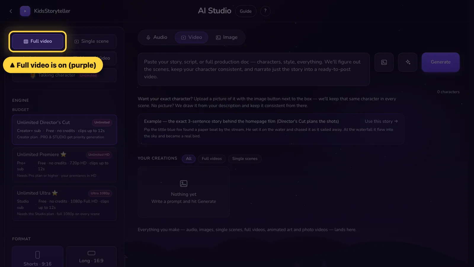Step 1: Check that Full video is purple.