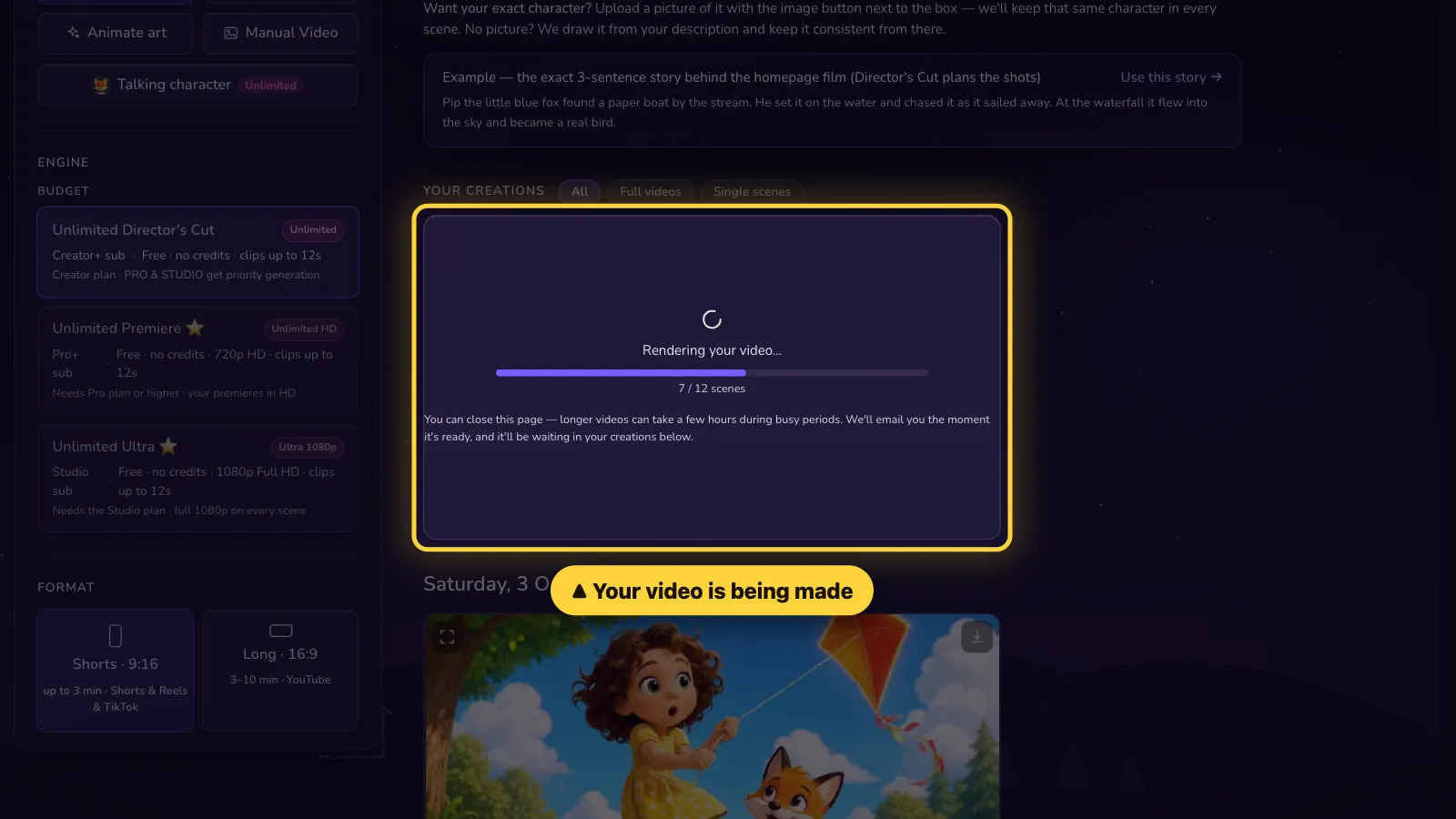 Step 6: Wait. Your video is being made. You can close the page — we email you when it is ready.