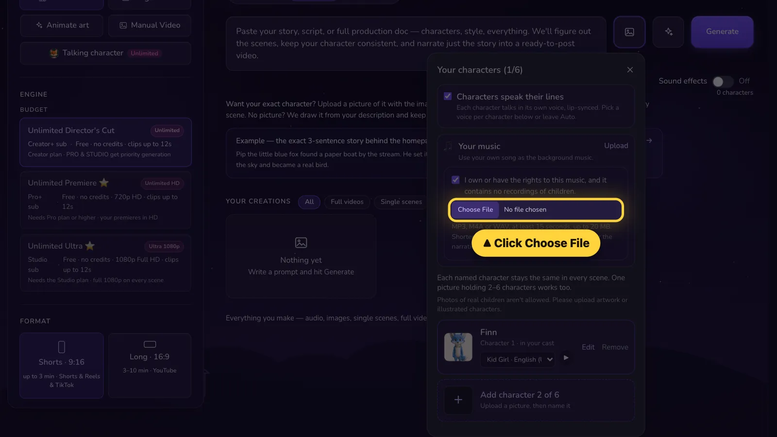 Step 4: Click Choose File. Pick your song (MP3, M4A or WAV).