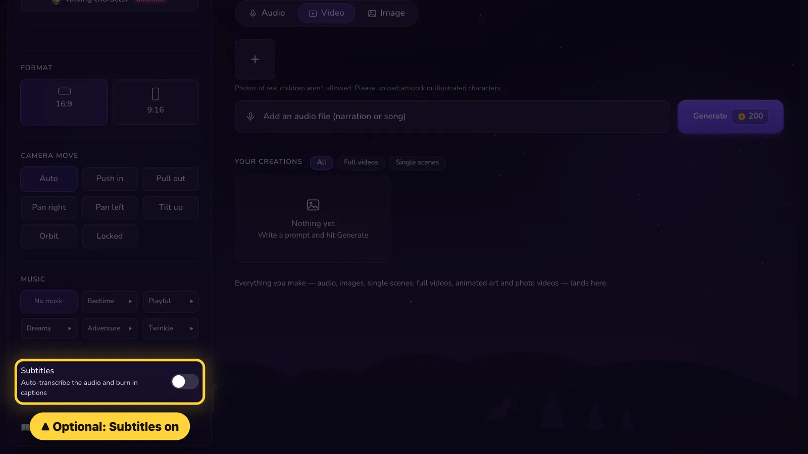 Step 4: Optional: turn on Subtitles to show the words on screen.