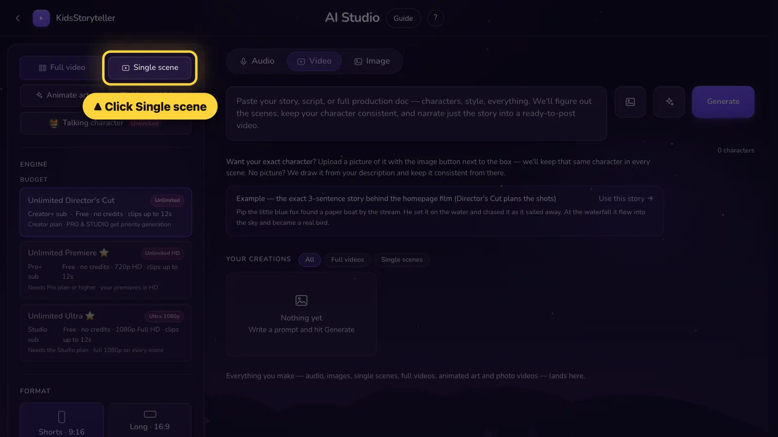 Step 1: Click Single scene on the left.